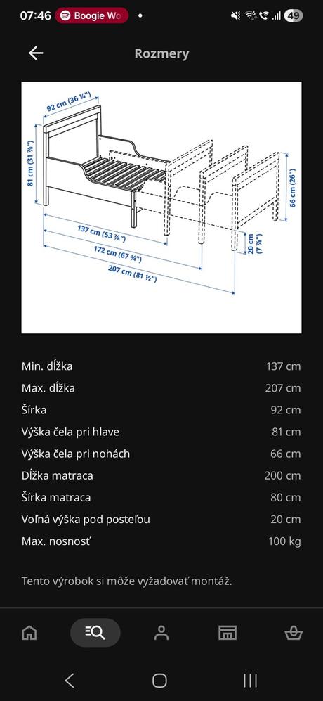 Detska rastuca postel sundvik ikea, šírka (cm): 90,dĺžka (cm): 200