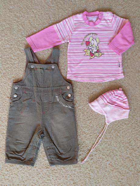 Menčestrové nohavice na traky 62/68 +tričko,čiapka, 62