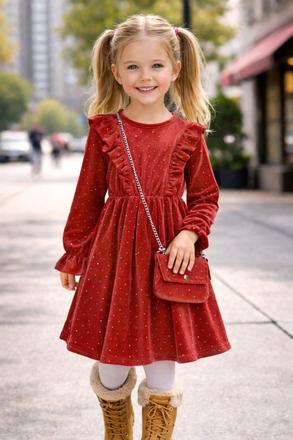 Dievčenské velúrové šaty s volánmi a kabelkou, 158