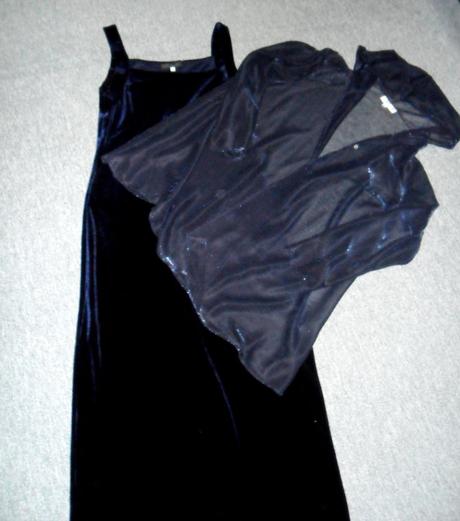 Dlhé zamatovo-modré šatičky+bolerko, 40