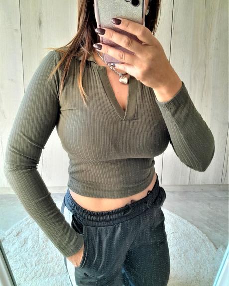 Olivové crop tričko-m, m