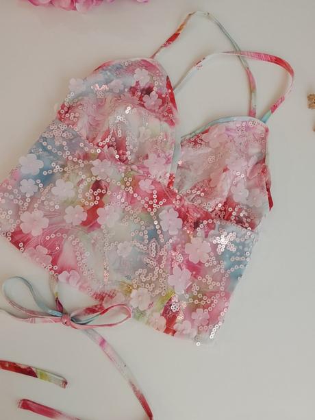 Y2k coquette pastelový crop top s flitrami, s