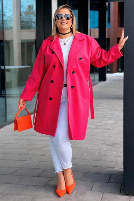 Dámsky prechodný kabát plus size fuksiový, 