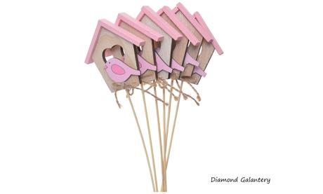 Drevený zápich - domček - vtáčik - ružový, 