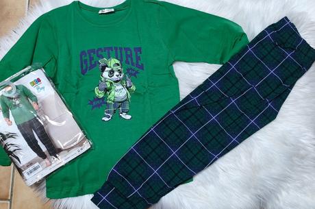 Detské bavlnené pyžamo zelené s karo nohavicami, 80 - 164