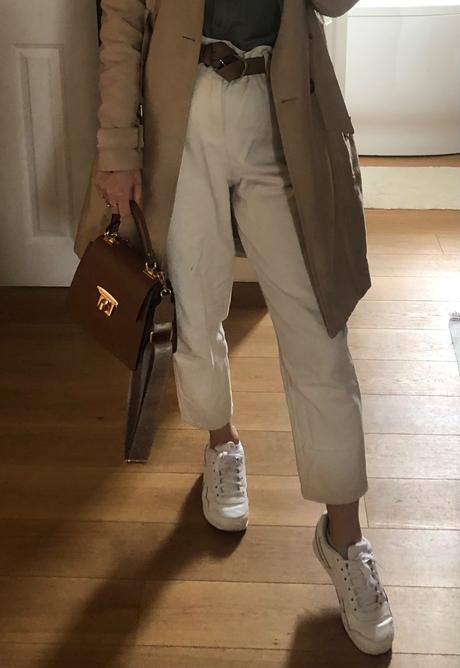 Krémové bavlnené nohavice s vysokým pásom s/m, s