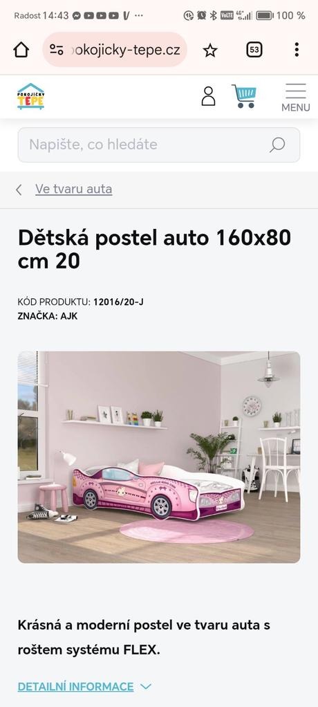 Krásna detská postieľka auto hello kitty, šírka (cm): 160,dĺžka (cm): 80