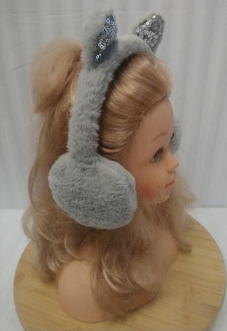 Sivé zimné klapky na uši pre dievčatá, mačička,