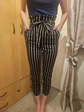 H&m elegantné čierno-zlaté nohavice s vysokým pás, h&m,xs