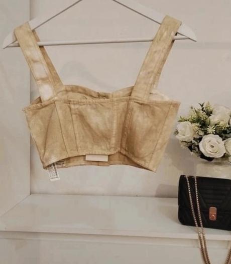Bershka denim corset crop top beige, bershka,34 / xs