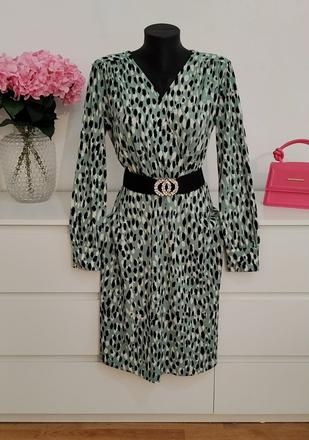 H&m elegantné mint vzorované šaty s dlhým rukávom, h&m,s