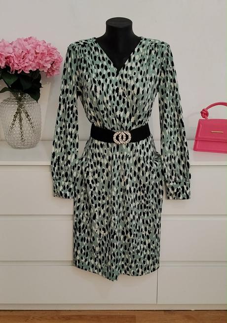 H&m elegantné mint vzorované šaty s dlhým rukávom, h&m,s