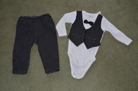 Body s motýlikom a vestičkou + nohavice 6 - 9 m, lindex,74