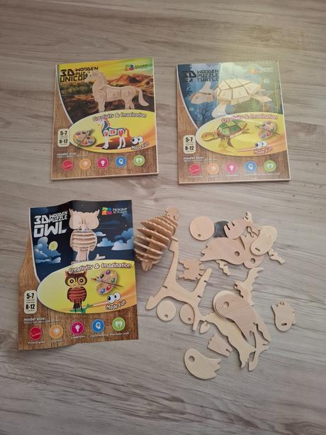Drevené skladačky- korytnačka, jednorozec, sova,