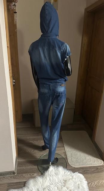 Džínsový overal na zips s kapucňou zn. retro, m