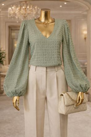 Na-kd pistáciová blúzka s balónovými rukávmi, 34