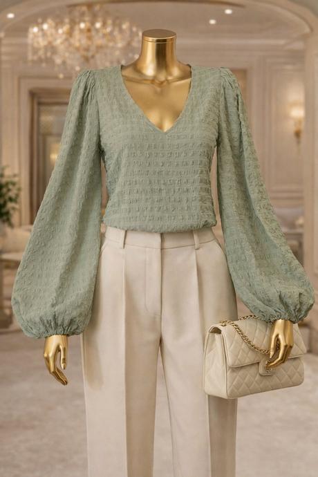 Na-kd pistáciová blúzka s balónovými rukávmi, 34