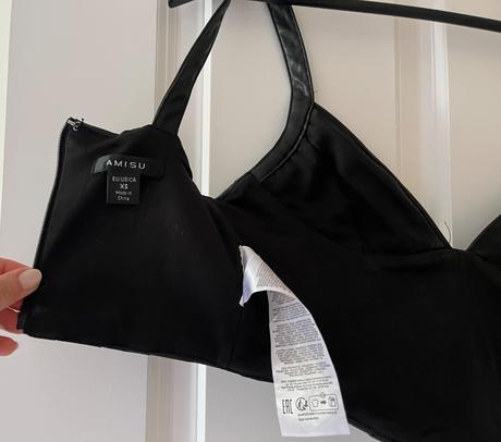 Čierny korzetový koženkový crop top, amisu, xs/34, amisu,xs