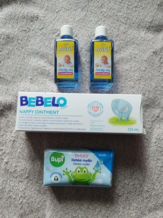 Nový set krém bebelo, 2x olej aviril a mydlo bupi,