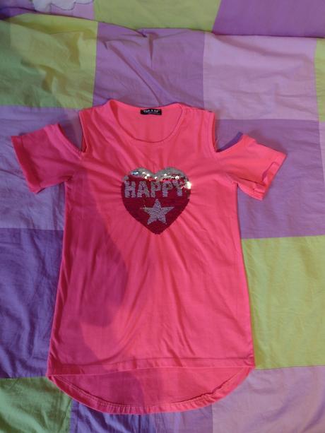 Ružové neónové tričko s trblietavým srdiečkom, 152