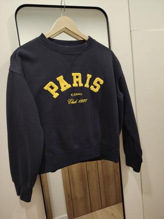 Tmavo modrá mikina h&m so žltým nápisom, h&m,xs