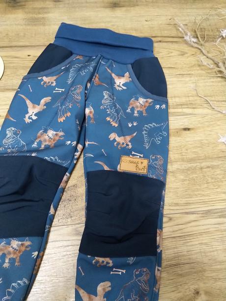 Softshell nohavice dinosaury + modrá, 98