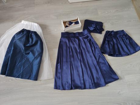 Rodinný set - saténova midi sukňa a detská 104/110, 38