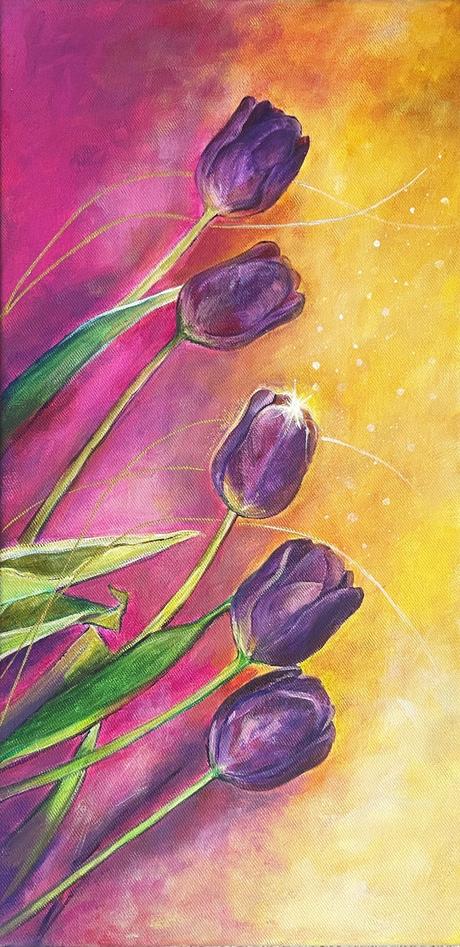 Tulipány, originálna akryl. maľba na plátne 30x60,