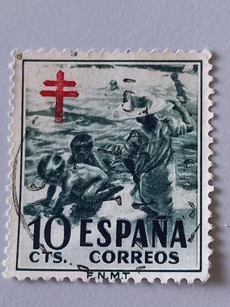 Poštová známka španielsko 1951 deti na pláži,