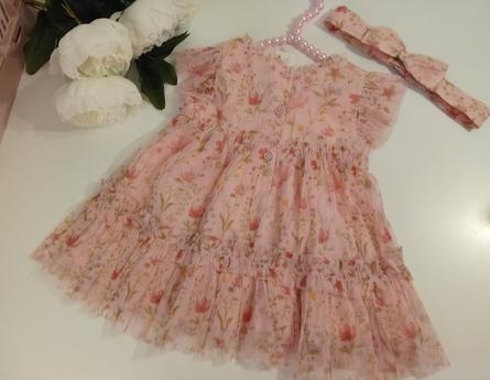 Romantické tylové šaty s čelenkou, kvetinový vzor, 68