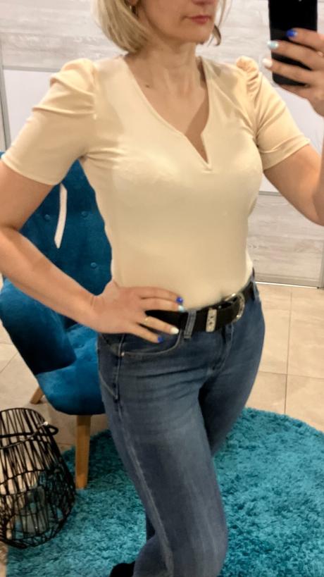 Rebrované tričko s naberanými rukávmi béžové, l / m / s