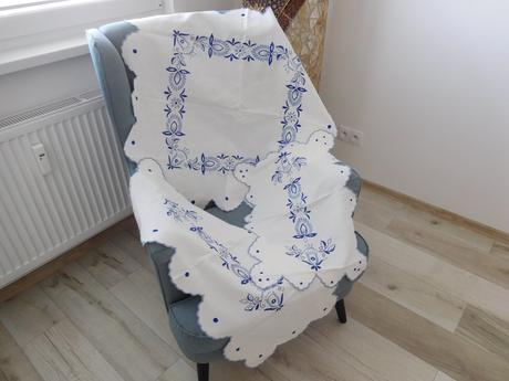 Set obrusov, modrý vzor na bielom plátne, 