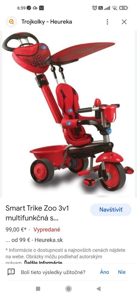 Smart trike zoo 3v1 multifunkčná s rukoväťou červe,
