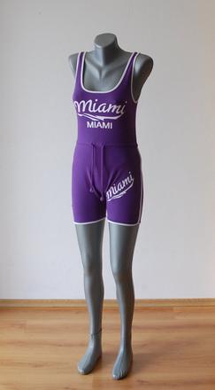 Športový fialový overal s nápisom miami shein, s