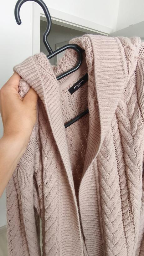 Dlhý vlnený pudrovoružový sveter cardigan veľ.s, reserved,s