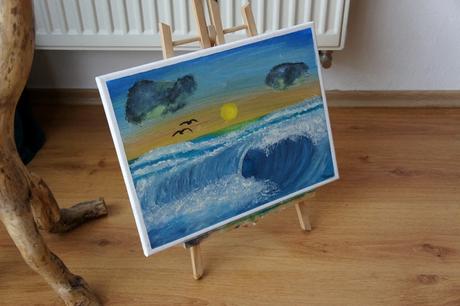 Ručne maľovaný obraz   morská vlna, západ slnka, 