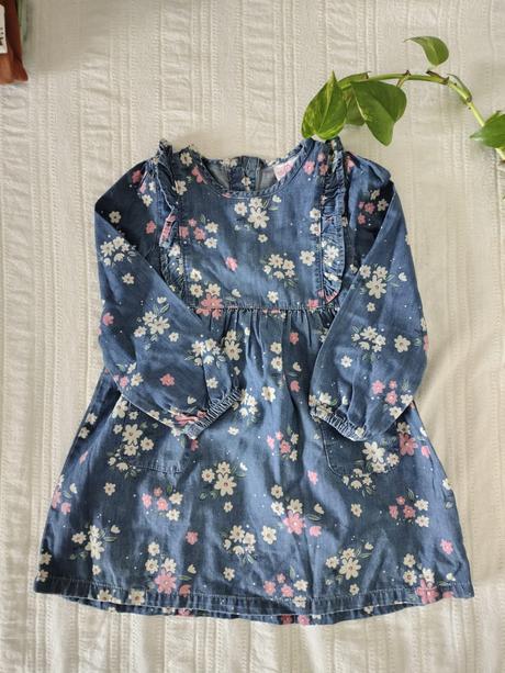 Modré šaty s kvetinami/ kvetinkové šaty riflové, 92