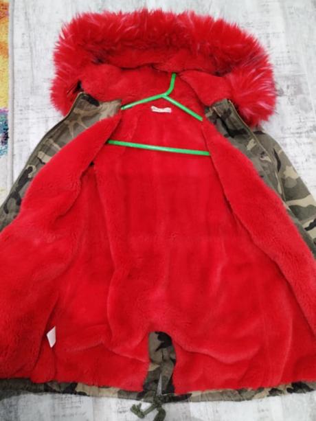 Maskáčová bunda, parka- 140 s červenou kožušinkou, 140