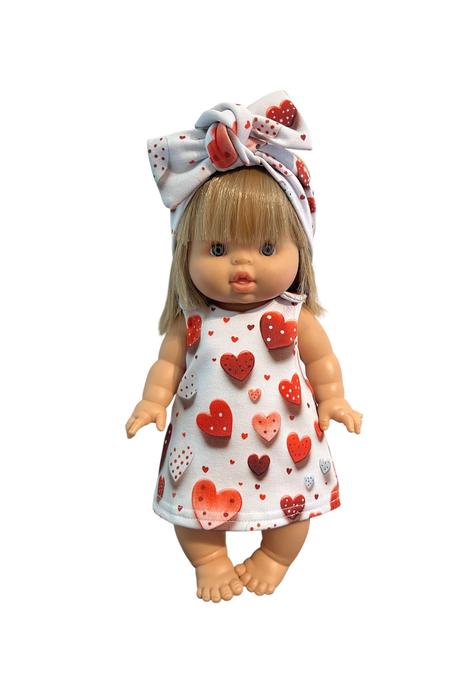 Šatočky pre bábiku minikane - 34 cm, srdiečka, 
