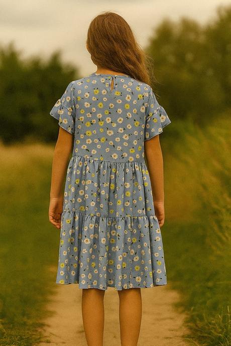 Dievčenské modré šaty s margarétkami, 134 / 140 / 146 / 158