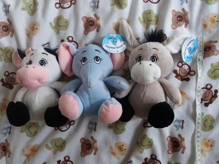 Plysove zvieratká kravicka slonik oslik,