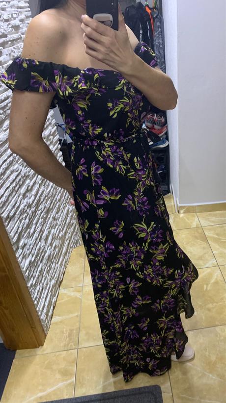 Dlhé letné šaty s fialovými kvetmi zn. guess, guess,l / m