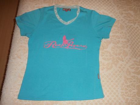 Nové tyrkysové tričko s ružovou potlačou, m