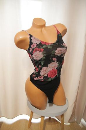 Čierny kvetinový body top, xs, xs