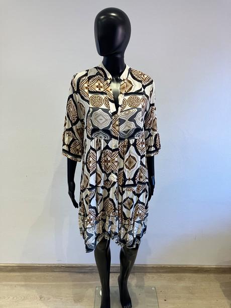 Dámske vzorované šaty s volánom hnedé (uni), l / m / s / xl