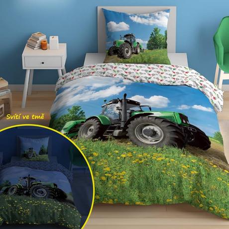 Obliečky 140x200 traktor na lúke - svietiace, šírka (cm): 140,dĺžka (cm): 200