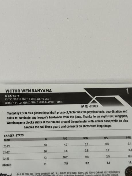 Kartička victor wembanyama, 