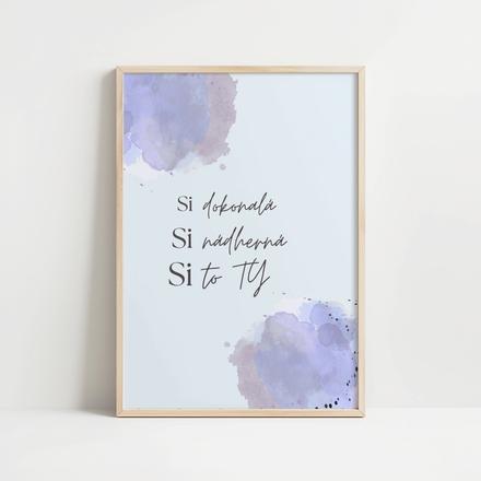 Print / obraz -fialová akvarelová grafika s textom, 