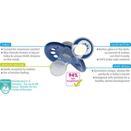 Mam silikónový nočný cumlík blue 2ks, 6m+, mam