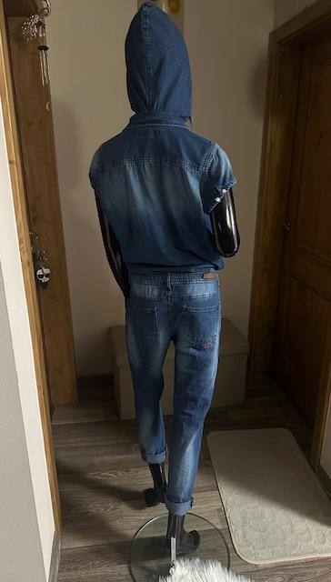 Džínsový overal na zips s kapucňou zn. retro, m